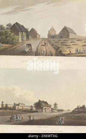 Les Quatre-Bras und La Belle Alliance, Les Quatre Bras, Blick auf Waterloo, La Belle Alliance, Blick auf Genappe (Titel auf Objekt), Blatt mit zwei Bildern. Oberhalb des Dorfes Quatre-Bras graben Sie sich im Feld rechts von der Straße aus. Unter La Belle Alliance. Nach der Schlacht von Waterloo am 18. Juni 1815, Druck, Druckerei: Anonym, Herausgeber: Robert Bowyer, (auf dem Objekt erwähnt), Druckerei: England, Verlag: London, 1816, Papier, Höhe, 403 mm x Breite, 300 mm Stockfoto
