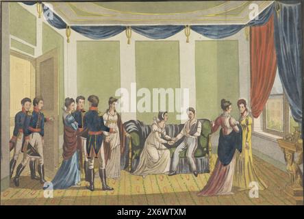 Besuch der Königin beim verwundeten Prinzen von Orange, 1815, verletzt durch das französische Mordgewehr (...) (Titel auf Objekt), die Königin Wilhelmina von Preußen besucht ihren Sohn Willem Frederik Georg, Prinz von Orange, wer in Brüssel verwundet wird, wurde während der Schlacht von Waterloo am 18. Juni 1815 getroffen. In der Bildunterschrift eine vierzeilige Strophe. Siehe auch Anhänger, Druck, Druckerei: Anonym, Niederlande, 1815, Papier, Ätzen, Höhe, 277 mm x Breite, 378 mm Stockfoto