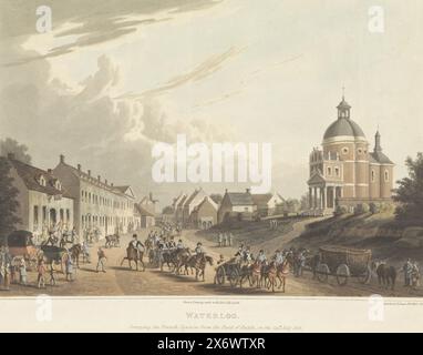 Entsorgung französischer Waffen durch Waterloo, Waterloo. Am 24. Juli 1815 wurde die französische Kanone aus dem Schlachtfeld transportiert (Titel auf Objekt) und am 24. Juli 1815 die französische Kanone durch die Dorfstraße von Waterloo transportiert. Auf der rechten Seite befindet sich die St. Joseph's Church. Nach der Schlacht von Waterloo am 18. Juni 1815., Druck, Druckerei: Anonym, nach Zeichnung von: Anonym, (auf Objekt erwähnt), Verlag: Robert Bowyer, (auf Objekt erwähnt), Druckerei: England, nach Zeichnung von: Waterloo, Verlag: London, 1816, Papier, Höhe, 305 mm x Breite, 400 mm Stockfoto