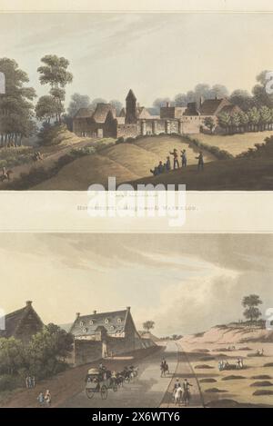 Hougoumont en La Haye-Sainte, Hougomont, Blick in Richtung Waterloo, La Haye Sainte, Blick in Richtung Waterloo (Titel auf Objekt), Blatt mit zwei Bildern. Über den Ruinen der Burg und der Farm von Hougoumont, Schauplatz schwerer Kämpfe, in der Nähe von Waterloo. Unter der Farm La Haye-Sainte in Mont-Saint-Jean, einem Dorf in der Nähe von Waterloo. Auf der rechten Straßenseite befinden sich Gräber. Nach der Schlacht von Waterloo am 18. Juni 1815, Druck, Druckerei: Anonym, Herausgeber: Robert Bowyer, (auf dem Objekt erwähnt), Druckerei: England, Verlag: London, 1816, Papier, Höhe, 403 mm x Breite, 300 mm Stockfoto