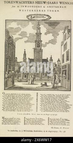 Neujahrsgrüße der Amsterdamer Turmbeobachter, 1816, Turmbeobachter Neujahrswunsch an die Einwohner von Amsterdam. Westerkerk's Tower. (Titel zum Objekt), Neujahrsgrüße von W. Wärnär, dem Turmwärter der Amsterdamer Westerkerk, für das Jahr 1816. Blick auf die Westerkerk in Amsterdam. Mit einem Vers in zwei Spalten und einem Lied in drei Versen., Druck, Drucker: Jacobus Wendel, (auf dem Objekt erwähnt), Druckerei: Anonym, Amsterdam, 1815 - 1816, Papier, Buchdruck, Höhe, 450 mm x Breite, 260 mm Stockfoto