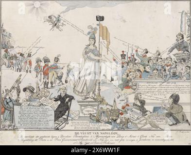 Flug Napoleons, 1815, Flug Napoléons (Titel auf Objekt), Cartoon von Napoleons Flug nach der französischen Niederlage in der Schlacht von Waterloo am 18. Juni 1815. Zentral die niederländische Jungfrau mit Napoleons Stich auf der Lanze der Freiheit. Auf der linken Seite reitet Napoleon den Teufel und den Tod zum Mond. Vorne links sieht ein Astrologe dieses Spektakel durch ein Fernglas, neben ihm ein Bauer und ein Buchhalter, der die Kosten für Napoleons hundert Tage berechnet. Vorne rechts die Gegenstände, die Napoleon auf der Burg von Laeken hinterlassen hat, hier ein jüdischer Käufer oder Gutachter. Auf der rechten Seite hinter Chaos Stockfoto