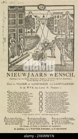 Neujahrswunsch von den Amsterdamer Leuchtfeuern, 1816, Neujahrswunsch (...) zu Beginn des Jahres 1816. Beim Füller und Feuerzeug der Lamptaarnen. Im Wyk des Briefes N. Nommer 2 (Titel auf Objekt), Neujahrsgrüße der Amsterdamer Leuchtfeuer des Bezirks N Nummer 2 für das Jahr 1816. Blick auf einen Amsterdamer Kanal, wo Lampen am Werk sind. Mit einem Vers in zwei Spalten und einem Lied in drei Versen., Druck, Drucker: Jacobus Wendel, (auf dem Objekt erwähnt), Druckerei: Jacobus Wendel, (möglicherweise), Amsterdam, 1815 - 1816, Papier, Buchdruck, Höhe, 335 mm x Breite, 210 Stockfoto