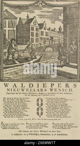 Neujahrswunsch der Amsterdam Waldiepers, 1816, Waldiepers Neujahrswunsch (...) zu Beginn des Jahres 1816. UED. Diener. Jan Schuts, Waldieper van deeze Wyk (Titel zum Objekt), Neujahrsgruß des Amsterdamer Waldieper Jan Schuts für das Jahr 1816. Blick auf einen Amsterdamer Kanal, wo zwei Männer in einem Lastkahn damit beschäftigt sind, den Kanal zu vertiefen und auszubaggern. Mit einem Vers in zwei Spalten und einem Lied in drei Versen., Druck, Druckerei: Jan Oortman (Sr.), (auf dem Objekt erwähnt), Drucker: Jacobus Wendel, (auf dem Objekt erwähnt), Amsterdam, 1815 - 1816, Papier, Buchdruck Stockfoto