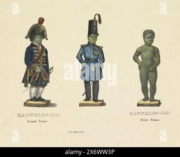 Manneken Pis in verschiedenen Outfits, 1817, Manneken-Pis. Grande Uniform. Manneken-Pis. Petite Tenue (Titel zum Objekt), drei Darstellungen der Statue von Manneken Pis in Brüssel, ohne Kleidung und in zwei Militäruniformen gekleidet. Hier enthalten wegen des Diebstahls der Statue in der Nacht vom 4. Auf 5. Oktober 1817., Druck, Druckerei: Anonym, Verlag: Frères Fietta, (auf dem Objekt erwähnt), Belgien, 1810 - 1830, Papier, Höhe, 272 mm x Breite, 344 mm Stockfoto