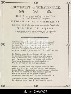 Vers über den Tod von Wilhelmina, Prinzessin Witwe von Orange-Nassau, 1820, Trauerschrei aus den Haag. Bei der ersten Kenntnis des Todes ihrer Königlichen Hoheit Frederika Sophia Wilhelmina, Witwe des verstorbenen, nie vergessenen Stadthalters Wilhelm der Fünfte (Titel auf Objekt), Vers über den Tod Wilhelminas, Prinzessin Witwe von Orange-Nassau am 9. Juni 1820, Witwe von Prinz Willem V. Ein Rahmen aus schwarzen Linien und Schädeln umgeben den Text. Textblatt, anonym, den Haag, Juni 1820, Papier, Buchdruck, Höhe, 282 mm x Breite, 207 mm Stockfoto