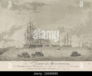 Sieg auf Palembang, 1821, ruhmreicher Sieg der Palembang-Expedition auf dem Fluss Sounsang in Ostindien, durch die niederländische Land- und Seestreitkräfte am 24. Juni 1821 (Titel zum Objekt), Beschuss der Küstenbatterien am Fluss Palembang in Sumatra durch niederländische Kriegsschiffe unter dem Kommando von General H.M. de Kock, 24. Juni 1821. Im Vordergrund Männer in Schlangen. Der Ausdruck wird mit einem separaten Auszug begleitet. Siehe auch die Anhänger., Druck, Druckerei: A. Lutz, nach Zeichnung von: Haatje Pieters Oosterhuis, Verlag: J. Groenewoud, Druckerei: Niederlande, Verlag: Amsterdam, 1821 Stockfoto