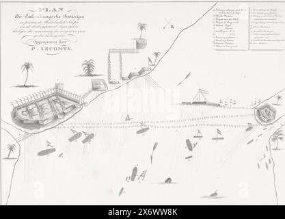 Palembang-Batterien, die die niederländischen Kriegsschiffe während der zweiten Expedition 1821 beschossen, Plan der Palembang Batterien und Positionen der niederländischen Schiffe, wie sie zu Beginn des Sieges positioniert waren, um 9 Uhr morgens am 24. Juni 1821 (Titel auf Objekt), Plan des Flusses bei Palembang mit der Position der feindlichen Küstenbatterien und der niederländischen Kriegsschiffe am Morgen des 24. Juni 1821 während der zweiten Expedition nach Palembang auf Sumatra. Oben rechts die Legende A-L und 1-10., Druck, Druckerei: Pieter le Comte, (erwähnt auf dem Objekt), Drucker: Desguerrois & Co., (erwähnt auf Stockfoto