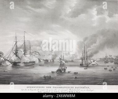 Sieg auf Palembang, 1821, Sieg der Palembang-Batterien, am 24. Juni 1821, um 9 Uhr morgens, durch die vereinigten niederländischen See- und Landstreitkräfte unter dem Oberkommando von H. E. den Generaal H. M. de Kock (Titel auf Objekt), Beschuss der Küstenbatterien am Fluss Palembang auf Sumatra durch niederländische Kriegsschiffe unter dem Kommando von General H.M. de Kock, 24. Juni 1821., Druck, Druckerei: anonym, nach Entwurf von: Pieter le Comte, (erwähnt auf Objekt), Drucker: Desguerrois & Co., (erwähnt auf Objekt), nach Entwurf von: Niederlande, Drucker: Amsterdam, Verlag: Amsterdam Stockfoto