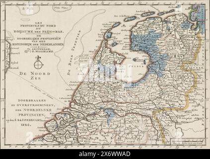 Karte des 1825 von den Überschwemmungen betroffenen Gebiets im Norden der Niederlande, Les Provinces du Nord du Roijaume des Paijs-Bas, die nördlichen Provinzen des Königreichs der Niederlande, Durchbrüche und Überschwemmungen, der Noordelyke Provincien, am 3,4. & 5. Februar 1825 (Titel zum Objekt), fünf Karten der von den Überschwemmungen im Jahr 1825 betroffenen Gebiete (Titel der Serie), Karte des von den Überschwemmungen im Februar 1825 betroffenen Gebiets um die Zuiderzee und im Norden der Niederlande. Die überfluteten Gebiete sind blau gefärbt. Teil einer Serie von fünf Karten der betroffenen Bereiche., Print, Print Maker: Anonym, Publisher Stockfoto