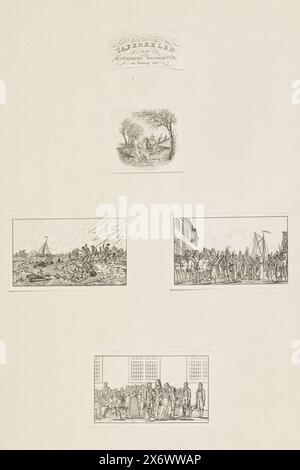 Blatt mit vier Szenen der Flut von 1825, Szenen aus der allgemeinen Flut von Februar 1825 (Titel über Objekt), Blatt mit einem Titel und vier Szenen der Flut vom Februar 1825. Fünf kleine Bilder, die aus einem Buch geschnitten und auf ein großes Blatt Papier geklebt wurden. Oben auf dem Titel, dann der Titelabdruck mit einem Mann, der auf dem Dach seines Hauses im Wasser sitzt, der Deichbruch in Durgerdam, die Ankunft von Flüchtlingen aus Nordholland auf dem Nieuwe Stadsherberg in Amsterdam und schließlich der Besuch des Kronprinzen in der Almoezeniersweeshuis, wo er eine unwohl schwangere Frau in den Armen hält., Druck Stockfoto