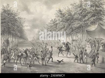 Harness-Rennen in der Hout van Alkmaar, 1825, Harness-Rennen im Wald von Alkmaar (Titel auf Objekt), Pferderennen auf der Rennstrecke in der Hout in Alkmaar am 10. September 1825. Die Zuschauer stehen entlang der Strecke, an der Front winkt der Sieger des Wettbewerbs der Öffentlichkeit. Auf der rechten Seite der Stände ist ein Mann bereit, den Becher an den Gewinner auszuhändigen, Druck, Druckerei: J.B. Clermans, (auf dem Gegenstand erwähnt), Drucker: Desguerrois & Co., (auf dem Gegenstand erwähnt), Druckerei: Niederlande, Drucker: Amsterdam, 1825, Höhe, 473 mm x Breite, 575 mm Stockfoto