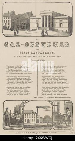 Neujahrsgrüße von den Gaslaternen von Amsterdam für das Jahr 1869, das Gasfeuer der Stadtlaternen, an die Bewohner der Stadt Amsterdam (Titel auf Objekt), Neujahrsgrüße von den Amsterdamer Gaslaternen für das Jahr 1869. Zentral ein Vers in zwei Spalten. Oben auf dem Damplatz mit der Zocher Messe in Amsterdam. Am Fuße der Hollandschen Gasfabriek und zwei Gasmonteure arbeiten. Aus dem Gaslichtfeuer: J. Jurgens., Druck, Druckerei: Anonym, Drucker: weduwe C. Kok-van Kolm, (auf dem Objekt erwähnt), Amsterdam, 1868 - 1869, Papier, Buchdruck Stockfoto