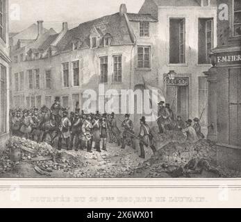 Barricade im Leuvenseweg in Brüssel, 1830, Bruxelles., Journèe du 23 7.bre 1830, Rue de Louvain (Titel zum Objekt), Evénemens de la Belgique Dessinés sur les lieux par des témoins oculaires, Bruxelles, à la Lithographie de Jobard ( Titel der Serie), Drucke, die der Serie Evénemens de Bruxelles hinzugefügt wurden, Anvers (...) (1831) (Titel der Serie), belgische Rebellen versammeln sich am 23. September 1830 im Leuvenseweg (Rue de Louvain) in Brüssel. Teil einer Gruppe von Drucken aus verschiedenen anderen Serien, die sich auf die Platten im recueil über die Ereignisse während der belgischen Revolution in Brüssel, Antwerpen und anderen beziehen Stockfoto