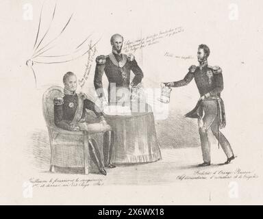 König Wilhelm I. zufrieden mit den Gräueltaten der Armee unter Prinz Friedrich, 1830, Cartoon, in dem König Wilhelm I. sich zufrieden mit den Errungenschaften seiner Söhne zeigt. Prinz Frederik zeigt seinem Vater seine Trophäe, ein Dokument mit „Gambenpillage Incendie“, die Gräueltaten der niederländischen Armee in Brüssel unter Prinz Frederik, September 1830. Hinter einem Tisch steht der Kronprinz, der sagt, er habe sich auf Kosten seiner Frau amüsiert., Druckerei: Anonym, Belgien, 1830 - 1831, Papier, Höhe, 222 mm x Breite, 278 mm Stockfoto