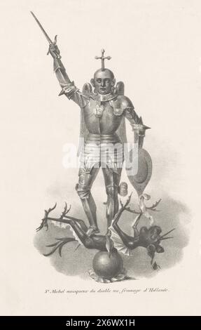 Saint Michael besiegt den Teufel mit niederländischem Käse, 1830, St. Michel vainqueur du diable au fromage d’Hollande (Titel auf Objekt), der Erzengel Michael als Ritter in Rüstung besiegt den Teufel mit niederländischem Käse. Nach der Statue von Maarten fuhr Van ab 1455 auf dem Turm des Brüsseler Rathauses. Allegorie des Aufstands in Brüssel 23.-26. September 1830., Druck, Druckerei: Anonym, nach Skulptur von: Maarten van Rode, Belgien, 1830 - 1831, Papier, Höhe, 294 mm x Breite, 217 mm Stockfoto