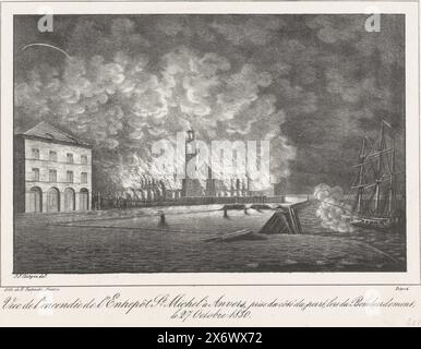 Entrepot on Fire, 1830, Vue de l'Incendie de l'Entrepôt St. Michel à Anvers. au Moment de l’Incendie fait par le bombardement dans la nuit du 27 au 28 8.bre 1830 (Titel auf Objekt), neunzehn Platten der Kämpfe in Antwerpen, 26.-27. Oktober 1830 (Serientitel), Feuer im Lagerhaus der Abtei St. Michael während des Bombardements auf Antwerpen am 27. Oktober 1830. Auf der rechten Seite, eines der niederländischen Schiffe, die die Stadt beschießen. Teil einer Serie von 19 Platten der Kämpfe in Antwerpen, 26.-27. Oktober 1830., Druck, Druckerei: J.J. Cöntgen, (auf dem Objekt erwähnt), Drucker: Henry Ratinckx, (erwähnt auf Stockfoto