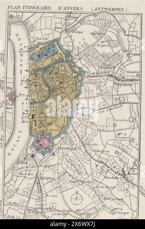 Karte von Antwerpen und der Zitadelle, 1830, Plan Itinéraire d'Anvers (Antwerpen) (Titel auf Objekt), Karte der Stadt Antwerpen mit der Zitadelle, zum Zeitpunkt des Bombardements auf Antwerpen, 27. Oktober 1830. Auf dem Fluss sind die niederländischen Kriegsschiffe angegeben, ihre Namen sind am linken Rand aufgeführt. Unten die Legende 1-32 und zwei Querschnitte der Zitadelle., Druck, Druckerei: Jeanne Maillart, (erwähnt auf Objekt), nach Zeichnung von: Monogrammist JBDB, (erwähnt auf Objekt), Verlag: Evert Maaskamp, (erwähnt auf Objekt), Druckerei: Belgien, Verlag: Amsterdam, 1830–1831, Papier Stockfoto