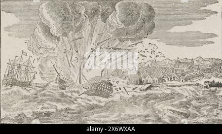 Von Jan van Speijks Kanonenboot gesprungen, 1831, die Explosion eines Schiffes vor der Küste einer Stadt im Ausland. Die Aufführung von 1831 diente als Illustration des Springens in die Luft von Jan van Speijks Kanonenboot auf der Schelde bei Antwerpen am 5. Februar 1831. Ohne Text., Druck, Druckerei: Jacob Coldewijn, (auf dem Objekt erwähnt), Niederlande, 1820 - 1831, Papier, Höhe, 153 mm x Breite, 266 mm Stockfoto