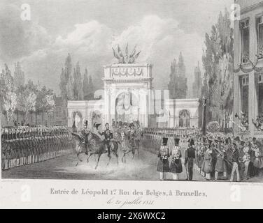 Ankunft von König Leopold I. in Brüssel, 1831, Entrée de Léopold 1.er ROI des Belges, à Bruxelles, le 21 juillet 1831 (Titel zum Gegenstand), feierliche Ankunft von König Leopold I. am Place Royale in Brüssel, 21. Juli 1831. Der König und seine Gefolgsleute fahren durch die geschmückte Porte d’Anvers (der ehemalige Willemspoort). Siehe auch den Anhänger., Druck, Druckerei: Paulus Lauters, (auf dem Gegenstand erwähnt), Drucker: Antoine Dewasme-Plétinckx, (auf dem Gegenstand erwähnt), Belgien, 1831, Papier, Höhe, 217 mm x Breite, 263 mm Stockfoto