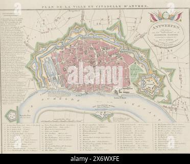 Karte von Antwerpen mit der Zitadelle, 1831, Plan de la Ville et Citadelle d'Anvers (Titel auf dem Objekt), Karte der Stadt Antwerpen, mit der Zitadelle auf der rechten Seite, 1831. Links eine Liste der wichtigsten Ereignisse der Stadt, unten die Legende 1-65. Oben rechts eine Kartusche mit der Aufschrift „zum Wohle des Vaterlandes und der General Armament ...“ und „Chassé. Oct 27 1830.", Print, Druckerei: Willem Cornelis van Baarsel, (erwähnt auf Objekt), Verlag: Joseph Weygand, (erwähnt auf Objekt), Druckerei: Niederlande, Verlag: Amsterdam, 1831, Papier, Ätzen Stockfoto