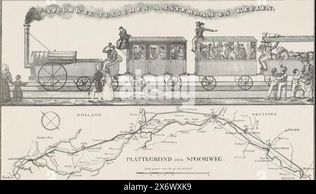 Plan für eine Eisenbahnstrecke zwischen Amsterdam und Köln, 1834, Eisenbahnstrecke zwischen Amsterdam und Köln (Titel auf Objekt), Plan für den Bau einer Eisenbahnstrecke zwischen Amsterdam und Köln durch Oberstleutnant William Archibald Bake (mit A. Willink und D. Borski), 21. August 1834. Oben ein Bild einer primitiven Dampflokomotive mit zwei Personenwagen und einem Viehwagen. Darunter befindet sich eine Karte des Verlaufs der geplanten Bahnstrecke. Dieses Exemplar ohne die begleitenden Texte., Print, Print Maker: Anonym, Niederlande, 1834, Papier, Höhe, 166 mm x Breite, 283 mm Stockfoto