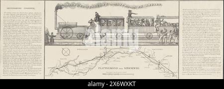 Plan für eine Eisenbahnstrecke zwischen Amsterdam und Köln, 1834, Eisenbahnstrecke zwischen Amsterdam und Köln (Titel auf Objekt), Plan für den Bau einer Eisenbahnstrecke zwischen Amsterdam und Köln durch Oberstleutnant William Archibald Bake (mit A. Willink und D. Borski), 21. August 1834. Oben ein Bild einer primitiven Dampflokomotive mit zwei Personenwagen und einem Viehwagen. Darunter befindet sich eine Karte des Verlaufs der geplanten Bahnstrecke. Diese Kopie mit den beidseitigen Begleittexten., Druck, Druckerei: Anonym, Niederlande, 1834, Papier, Höhe, 224 mm x Breite, 486 mm Stockfoto