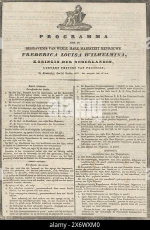 Programm zur Beerdigung Ihrer verstorbenen Majestät Madame Frederica Louisa Wilhelmina (...) am Donnerstag, 26. Oktober 1837, um 10 Uhr morgens (Titel auf Objekt), Programm zur Beerdigung der Königin Wilhelmina von Preußen am 26. Oktober 1837. Beidseitig bedrucktes Blatt mit dem Programm des niederländischen Staats-Courant vom 24. Oktober 1837, Textblatt, Drucker: P.E. van Staden, (auf dem Objekt erwähnt), den Haag, 24-Okt-1837 - 25-Okt-1837, Papier, Buchdruck, Höhe, 334 mm x Breite, 235 mm Stockfoto