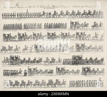 Feierliche Prozession der Beerdigung des verstorbenen H.M. Frederika Louisa Wilhelmina, Königin der Niederlande geboren. Prinzessin von Preußen. Am 26. Oktober 1837 (Titel zum Objekt) fand der Trauerzug der preußischen Königin Wilhelmina am 26. Oktober 1837 statt. Die Prozession ist in sieben Reihen übereinander dargestellt, mit einer kurzen Unterschrift unter jedem der verschiedenen Teile., Druck, Druckerei: Anonym, Niederlande, 1837, Papier, Höhe, 440 mm x Breite, 558 mm Stockfoto