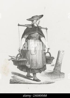 Die Fischfrau von Arnemuiden, 1840–1841, die Fischfrau von Arnemuiden. Frau, die mit einem Joch auf den Schultern geht, mit zwei Körben Fisch. Separate Kopie einer Illustration aus: Einem Buch mit Charakterskizzen, Berufen und Kostümen niederländischer Volkstypen aus dem Jahr 1841. Unnummeriert., Druck, Druckerei: Henry Brown, nach Zeichnung von: Herman Frederik Carel ten Kate, (auf dem Objekt erwähnt), Niederlande, 1840 - 1841, Papier, Holzstich, Höhe ca. 275 mm x Breite ca. 182 mm Stockfoto