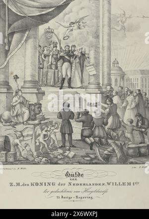 Allegorie zum 25. Jahrestag von König Wilhelm I., 1838, Hommage an seine Majestät den König der Niederlande, Willem 1. In Gedenken an die höchste 25-jährige Regierungszeit (Titel auf Objekt), Allegory zum 25-jährigen Jahrestag der Regierungszeit von König Wilhelm I. im November 1838. An der Spitze einer Treppe zwischen Säulen steht der König zwischen Personifizierungen der Religion, Gerechtigkeit, Weisheit und Prudence. Unten auf der Treppe knien die Bewohner des Landes in Dankbarkeit für ihren Monarchen. Links die niederländische Jungfrau auf dem Löwen und Putti mit allen möglichen Attributen Stockfoto