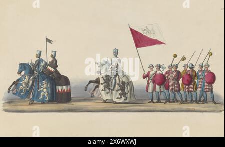 Kostümierte Parade von 1841: knights (Seite XV), kostümierte Parade. Darstellung des Empfangs des römischen Königs Willem II. Von Holland in Utrecht im Januar 1249, den Studenten der HH anlässlich des 25. Jahres der Restaurierung der Utrechtschen Hoogeschool am 2. Juni 1841 (Serientitel auf Objekt) gegeben haben, drei Ritter in Rüstung zu Pferd, es folgte eine Gruppe von Fußsoldaten mit dem Wappen von Utrecht. Blatt nummeriert 25 Jahre Recovery of the College., Druck, Druckerei: Anonym, Verlag: Johannes Paulus Houtman, Verlag: August Arnz & Co., Druckerei: Niederlande, Verlag Stockfoto