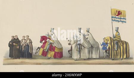 Kostümierte Parade von 1841: knights (Seite V), kostümierte Parade. Darstellung des Empfangs von Willem II., Graf von Holland, römischer König in Utrecht im Januar 1249, den Studenten der HH anlässlich des 25. Jahres der Restaurierung der Universität Utrecht am 2. Juni 1841 gaben (Serientitel auf Objekt), drei Ritter des Deutschen Ritterordens in der protestantischen Balije Utrecht, in Rüstung zu Pferd, und ein vierter mit dem Wappen von Zeeland, gefolgt von einer Gruppe Mönche. Blatt mit V in der Serie von achtzehn Platten der historischen Kostümparade, die die Rezeption von Graf Wilhelm II. Darstellen Stockfoto