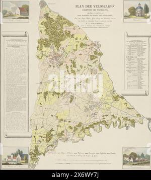 Karte der Schlachten bei Waterloo, 1815, Plan der Schlachten bei Waterloo (Titel auf Objekt), Karte des Gebiets, in dem die Schlachten bei Quatre-Bras und Waterloo ausgetragen wurden, 15.–18. Juni 1815. Zentral die Karte mit der Lage der Armeen, links und rechts mit der Legende und einem Überblick über die Teile der verschiedenen Armeen. In den vier Ecken kleine Darstellungen von La Belle Alliance, der St. Joseph's Church in Waterloo, den Ruinen der Hougoumont Farm und der Haye-Sainte Farm in Mont-Saint-Jean., Druck, Druckerei: Pierre Jacques Goetghebuer, Willem I (koning der Nederlanden) Stockfoto