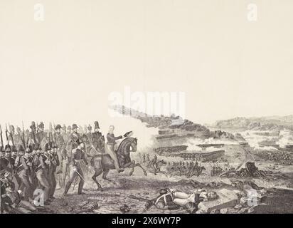 Prinz von Orange führt die niederländischen Truppen in der Schlacht von Quatre-Bras, 1815 führt der Prinz von Orange zu Pferd die niederländischen Truppen in der Schlacht von Quatre-Bras, 16. Juni 1815. Im Hintergrund heftige Kämpfe, französische Soldaten im Vordergrund Soldaten am Grenzstein von Quatre-Bras., Druck, Druckerei: Philippus Velijn, nach Malerei von: Mattheus Ignatius van Bree, Niederlande, 1817 - 1818, Papier, Radierung, Höhe, 602 mm x Breite, 806 mm Stockfoto
