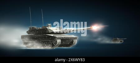 Panzer auf dem Schlachtfeld. Armeekampf, gepanzertes Fahrzeug, Panzerfeuer, Maschinengewehre Stock Vektor