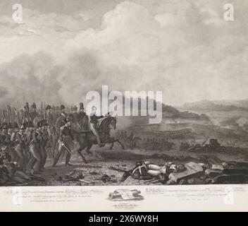 Prinz von Orange führt die niederländischen Truppen in der Schlacht von Quatre-Bras, 1815, seine Königliche Hoheit Wilhelm, Georg, Frederik, Louis Kronprinz des Königreichs der Niederlande an der Spitze der Niederländer gegen die französische Armee von Quatre-Bras OP den Nachmittag des XVI. Sommermonats MDCCC Hintergrund heftige Kämpfe, im Vordergrund gefallene französische Soldaten am Grenzstein von Quatre-Bras. Unten eine Vignette einer Kanone mit einer Karte zwischen den niederländischen und französischen Titeln., Druck, Druckerei: Philippus Velijn, (auf dem Objekt erwähnt), nach Malerei von: Mattheus Ignatius van Bree, (erwähnt Stockfoto