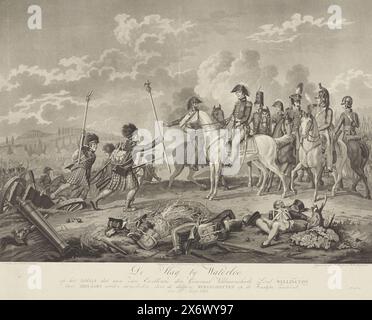 Die Schlacht von Waterloo. Zu der Zeit, als seine Exzellenz, General Field Marshal Lord Wellington, zwei Adler präsentiert wird, die von den tapferen Mountain Scots von den Franzosen gefangen genommen wurden. Am 18. Juni 1815 erhält der Duke of Wellington von einigen schottischen Soldaten die beiden Standards mit Adlern (ohne Banner), die während der Schlacht von Waterloo am 18. Juni 1815 von den Franzosen gefangen genommen wurden. In der Mitte der Herzog auf einem weißen Pferd, umgeben von seinem Stab. Im Vordergrund liegen einige gefallene Soldaten. Siehe auch Designzeichnung und Anhänger., Druck, Druckerei: Dirk Jurriaan Sluyter, ( Stockfoto