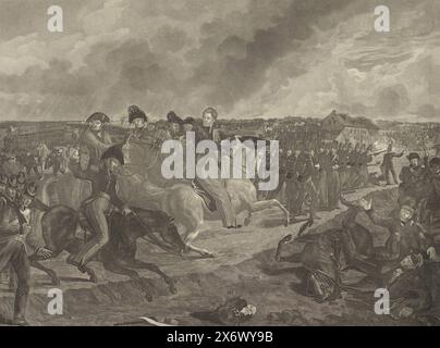 Prinz von Orange in der Schlacht von Quatre-Bras (1815) führt der Prinz von Orange die niederländischen Truppen zu Pferd während der Schlacht von Quatre-Bras am 16. Juni 1815 an. In der Mitte der Prinz zu Pferd, umgeben von seinem Stab. Auf der rechten Seite feuert die niederländische Infanterie auf die sich nähernden französischen Kürassiere. Verwundete Soldaten auf dem Boden im Vordergrund. Im Hintergrund links wird der tödlich verwundete Friedrich Wilhelm, Herzog von Braunschweig-Lüneburg-Oels vom Schlachtfeld getragen. Siehe auch den Anhänger., Druck, Druckerei: Willem van Senus, nach Entwurf von Joseph-Denis Odevaere, Druckerei Stockfoto