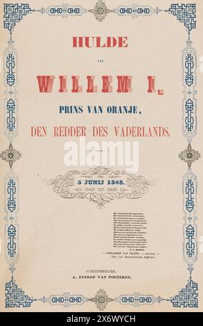 Tribut an Wilhelm I., Prinz von Orange, den Retter des Vaterlandes. 5. Juni 1848 (Titel zum Objekt), Texte zu Ehren des Prinzen bei der Enthüllung der Statue des Prinzen Wilhelm von Orange auf dem Plein in den Haag, am 5. Juni 1848. Zwei gefaltete Blätter mit Text gedruckt. Auf der Vorderseite der Titel in einem dekorativen Rahmen in Rot und Blau., Textblatt, Verlag: A. Entrop van Poeteren, (auf dem Objekt erwähnt), Drucker: V.H. Sterck, (auf dem Objekt erwähnt), Verlag: Den Haag, Drucker: Voorburg, Mai-1848, Papier, Buchdruck, Höhe, 400 mm x Breite, 240 mm Stockfoto