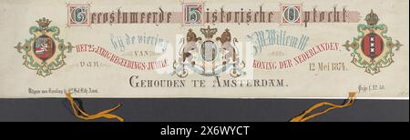 Abdeckung der Platten der Parade anlässlich des 25. Jahrestages der Regierungszeit von König Willem III. In Amsterdam, 1874, kostümierte historische Parade anlässlich des 25. Jahrestages der Regierungszeit seiner Majestät: Willem III. König der Niederlande. Mai 1874. In Amsterdam (Titel über Objekt), Kartonumschlag für die neun Platten sowie eine gedruckte Erklärung der kostümierten historischen Parade in Amsterdam während der Feier des 25. Jahrestages der Regierungszeit von König Wilhelm III. Am 12. Mai 1874. Auf dem Cover der typographische Titel und die Wappen des Königs Stockfoto