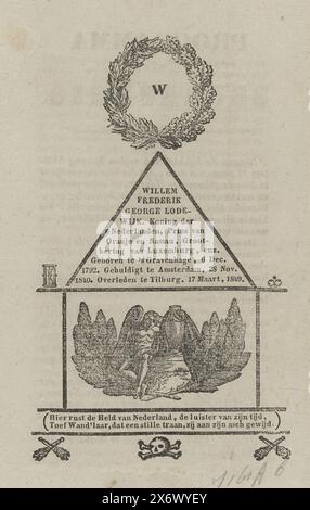 Programmheft zur Beerdigung des verstorbenen Königs Willem II., 1849, Programmheft zur Beerdigung des verstorbenen Königs Willem II., 3.-4. April 1849. Broschüre mit acht Seiten. Auf der Vorderseite eine Vignette eines Genies an einem Grab, mit Text, Symbolen und einem W in einem Lorbeerkranz. Auf den letzten beiden Seiten eine Elegie für den Tod des Königs., Druck, Drucker: F.G.L. Holst, (auf dem Objekt erwähnt), Amsterdam, März 1849 - 3. April 1849, Papier, Buchdruck, Höhe, 170 mm x Breite, 105 mm Stockfoto