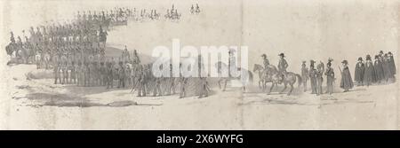 Beerdigung des verstorbenen Königs Willem II. In Delft am 4. April 1849 (Seite 2), fünf aufeinanderfolgende Seiten des Beerdigungszugs von Willem II. 1849 (Serientitel), Beerdigung des verstorbenen Königs Willem II. In Delft am 4. April 1849. Erste Seite (Variante) in einer Reihe von fünf aufeinanderfolgenden Blättern. Auf dieser Seite der Beginn der Trauerprozession mit den Buchstaben a-f, Print, Print Maker: Anonym, Verlag: Arie Cornelis Kruseman, Print Maker: Niederlande, Verlag: Haarlem, 1849, Paper, Höhe, 160 mm x Breite, 480 mm Stockfoto