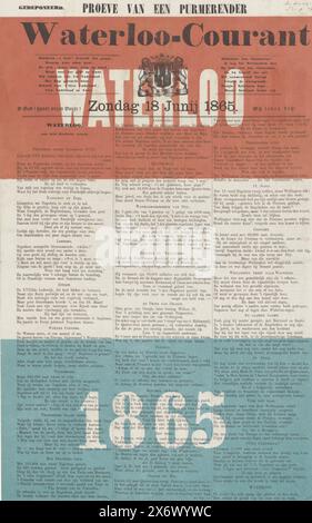 Geschmack eines Purmerenders. Waterloo Courant. Sonntag, 18. Juni 1865 (Titel zum Objekt), Waterloo-Courant anlässlich der Feier des 50. Jahrestages der Schlacht von Waterloo am 18. Juni 1865. Doppelt gefaltetes Blatt mit Versen, einem Lied und Geschichten, gedruckt auf einem doppelt gefalteten Blatt, von dem das Papier in den Farben der niederländischen Flagge gedruckt ist. Textblatt, Verlag: Jan Schuitemaker, (auf dem Objekt erwähnt), Amsterdam, 1865, Papier, Buchdruck, Höhe, 448 mm x Breite, 290 mm Stockfoto