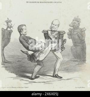 Cartoon zur Schleswig-Holstein-Frage, 1862, die Schleswig-Holstein-Frage, wenn sie einander gehen lassen, wäre es vorbei (Titel auf Objekt), Cartoon zur Schleswig-Holstein-Frage. Kaiser Wilhelm I. kämpft mit Friedrich VII. Von Dänemark (?). Platte veröffentlicht im Wochenmagazin de Nederlandsche Spectator, Nr. 38, 20. September 1862., Druck, Druckerei: Johan Michaël Schmidt Crans, Drucker: H.L. Smits, (erwähnt auf Objekt), Verlag: Dirk Anthonie Thieme, (erwähnt auf Objekt), Druckerei: Niederlande, Drucker: Niederlande, Verlag: Arnhem, Herausgeber: den Haag, 1862 Stockfoto