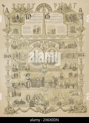 Gedenktafel zum 25. Jahrestag der Regierungszeit von König Willem III. 1849-1874, Gedenktafel (Titel auf Objekt), Gedenktafel zum 25. Jahrestag der Regierungszeit von König Willem III., 12. Mai 1874. Zentral die Porträts des Königs und der Königin, einschließlich des Kronprinzen und Prinzen Alexander. Umgeben davon sind Porträts aus dem Haus Orange-Nassau und Szenen wichtiger historischer Ereignisse aus der Zeit Wilhelms von Orange bis zur Expedition von Aceh 1873–1874. Oben einige Verse aus dem Wilhelmus, links die niederländische Jungfrau, rechts Justitia Stockfoto