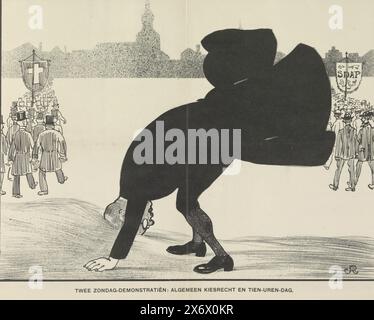Cartoon zu zwei politischen Themen, 1910, Straußenpolitik, zwei Sonntagsdemonstrationen: Das allgemeine Wahlrecht und der zehnstündige Tag (Titel auf Objekt), Cartoon zu zwei politischen Themen: Das allgemeine Wahlrecht und der zehnstündige Arbeitstag. Ein Politiker steckt seinen Kopf in den Sand, im Hintergrund zwei politische Demonstrationen der christlichen Parteien und der SDAP. Veröffentlicht als Addendum zum Nieuwe Amsterdammer vom 7. Oktober 1910, Nr. 4., Druck, Druckerei: Unbekannt, (auf dem Objekt genannt), Niederlande, 7-Okt-1910, Papier, Höhe, 310 mm x Breite, 430 mm Stockfoto