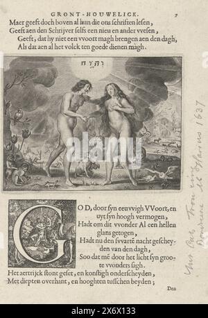 Adam und Eva im Paradies, Adam grüßt Eva im Paradies. Seite aus einem Buch mit Text auf Recto und Verso., Druck, Druckerei: Crispijn van den Queborn, (erwähnt auf Objekt), nach Entwurf: Adriaen Pietersz van de Venne, (erwähnt auf Objekt), den Haag, 1637, Papier, Gravur, Buchdruck, Höhe, 101 mm x Breite, 131 mm Stockfoto