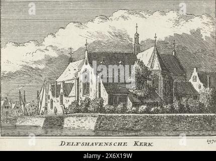 Ansicht der Alten oder Pilgerväter Kirche in Delfshaven, 1570, Delfshavensche Kerk 1570 (Titel auf Objekt), Ansicht der Seite und Rückseite der Alten oder Pilgerväter Kirche in Delfshaven, in der Situation um 1570. Im Hintergrund einige Figuren und ein Segelschiff., Druck, Druckerei: Abraham Rademaker, (auf dem Objekt erwähnt), Verlag: Willem Barents, Verlag: Antoni Schoonenburg, Amsterdam, 1727 - 1733, Papier, Ätzen, Höhe, 80 mm x Breite, 115 mm Stockfoto