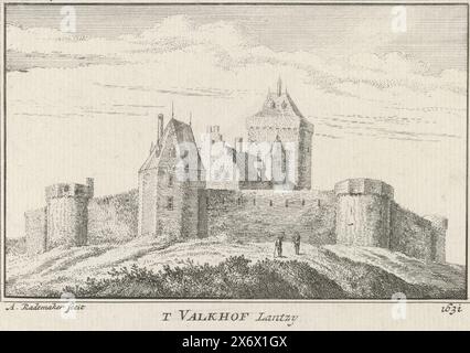 Ansicht des Valkhofes, T Valkhof Lantzy 1631 (Titel auf Objekt), Ansicht von Nijmegen auf das Schloss Valkhof in Nijmegen, wie es um 1631 herum aussah., Druck, Druckerei: Abraham Rademaker, (erwähnt auf Objekt), Verlag: Willem Barents, Verlag: Antoni Schoonenburg, Amsterdam, 1727 - 1733, Papier, Ätzen, Höhe, 80 mm x Breite, 115 mm Stockfoto